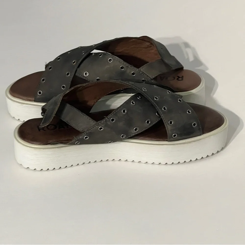 Bed Stu Roan Hali Platform Sandals, size 8.5. Grey  Leather heel strap grommets